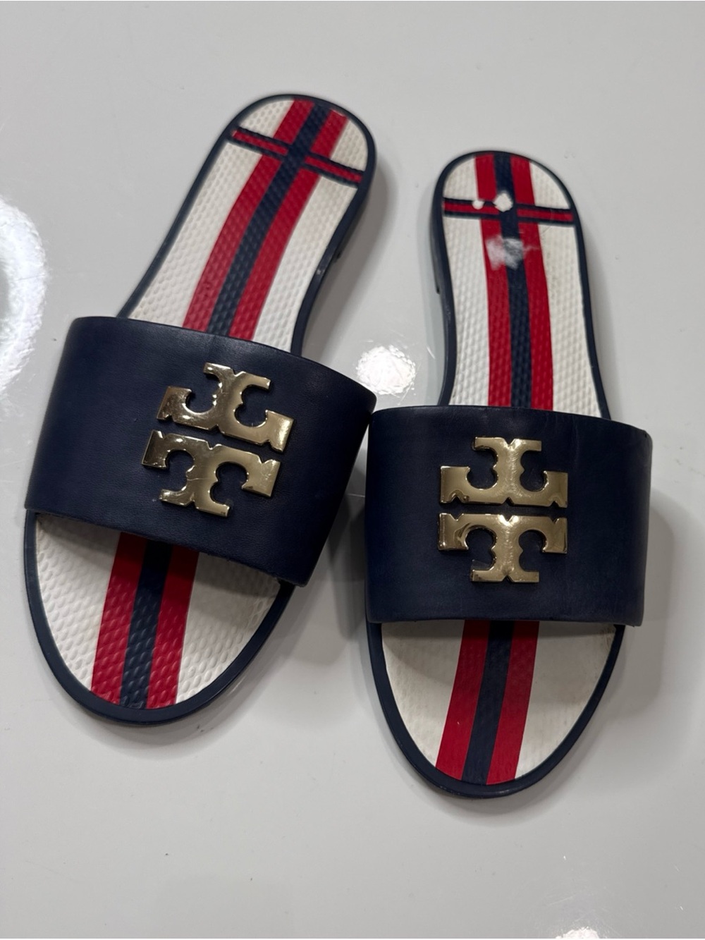 Tory Burch Logo Jelly Slide Sandals 37174 Red White Navy Blue Women's US 8M A10